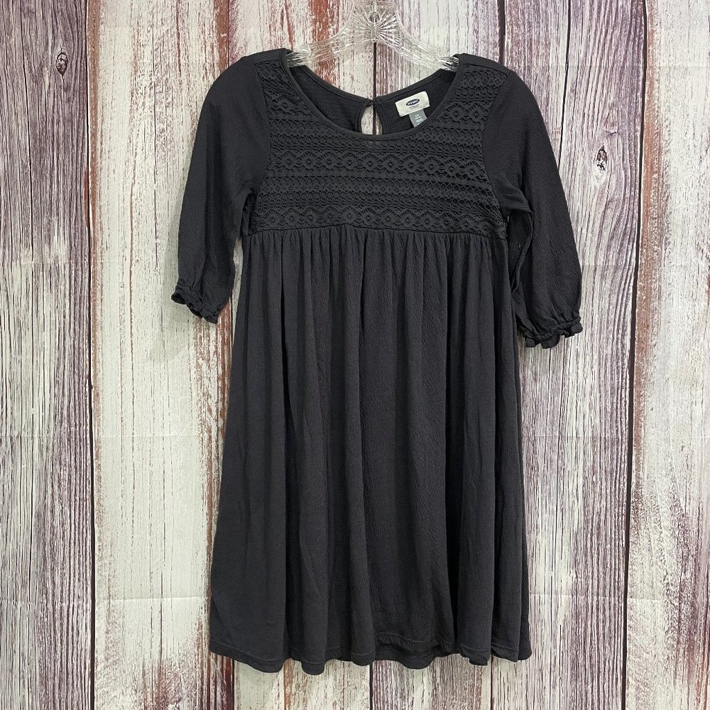 Old Navy Grey Dress 3/4 Sleeve Knit Look Bodice High Waist Girls L (10/12) #5024